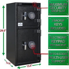 T859 Large Double Door Depository Drop Safe with Electronic Multi-user Keypad and Key Backups