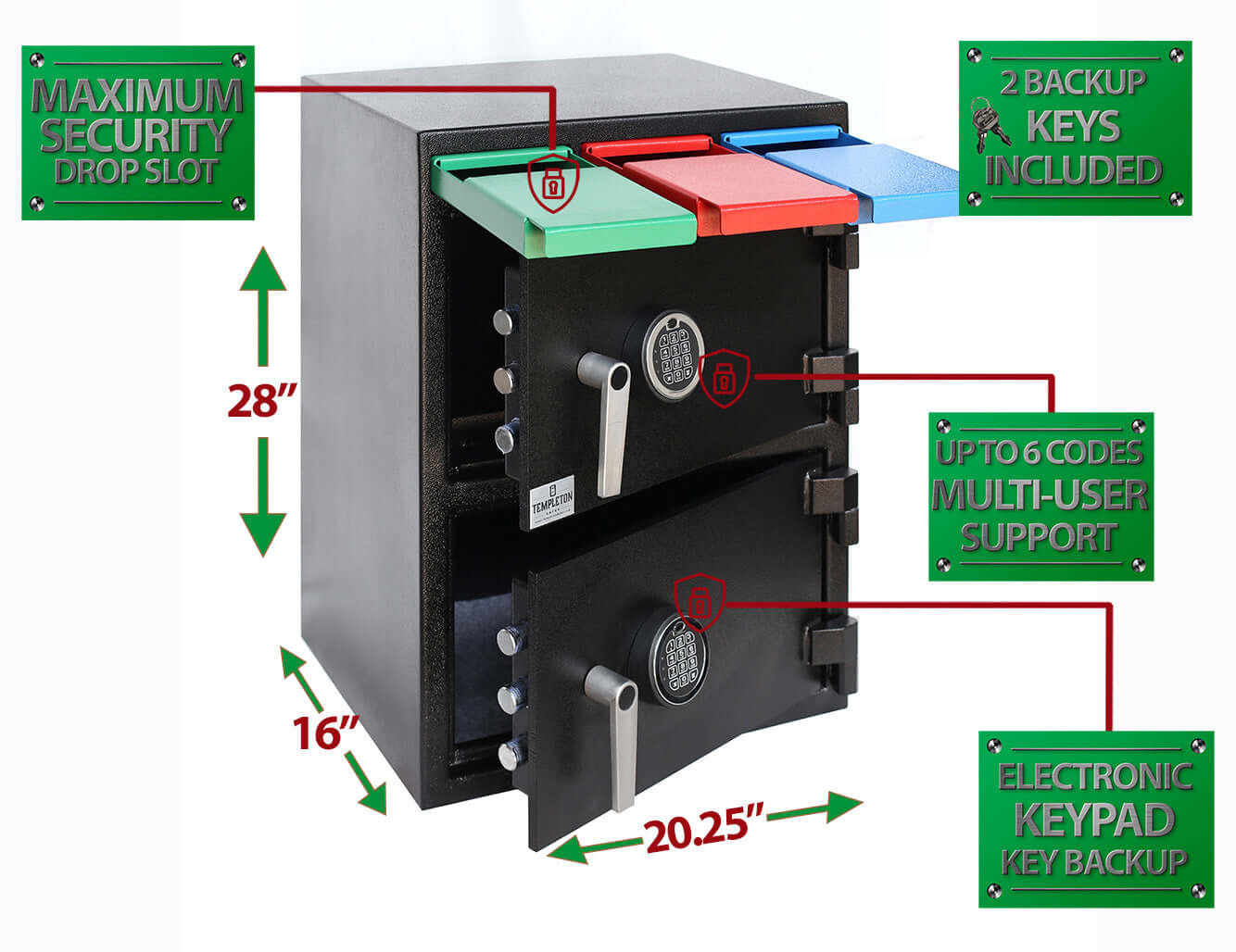 Templeton Safes Two Door Multi-User Depository Drop Safe with Electronic Locks & Segregated Drop Slots, T868